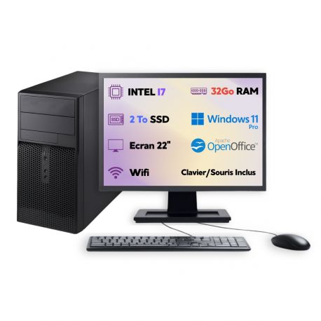 PC Tour Écran 22” I7 SSD 2To RAM 32Go W11 Pro WiFi Clavier Souris OpenOffice 2025