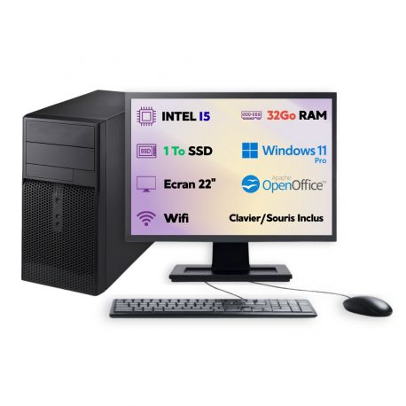 PC Tour Écran 22” I5 SSD 1To RAM 32Go W11 Pro WiFi Clavier Souris OpenOffice 2025