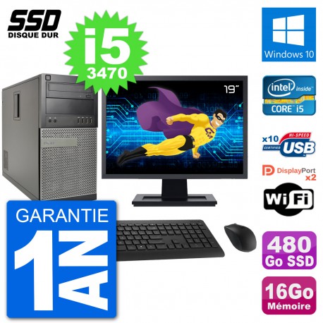 PC Tour Dell 7010 Ecran 19" Intel i5-3470 RAM 16Go SSD 480Go Windows 10 Wifi