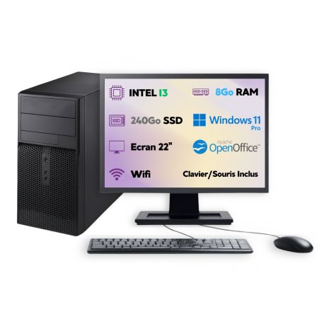 PC Tour Écran 22” I3 SSD 250Go RAM 8Go W11 Pro WiFi Clavier Souris OpenOffice 2025