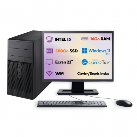 PC Tour Écran 22” I5 SSD 500Go RAM 16Go W11 Pro WiFi Clavier Souris OpenOffice 2025