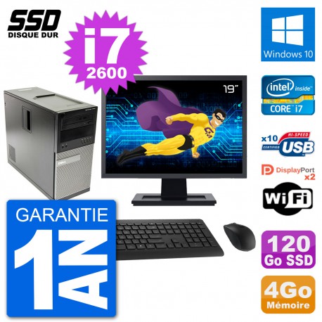 PC Tour Dell 7010 Ecran 19" Intel Core i7-2600 RAM 4Go SSD 120Go Windows 10 Wifi