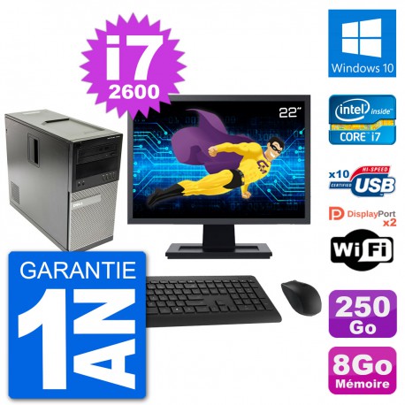 PC Tour Dell 7010 Ecran 22" Intel i7-2600 RAM 8Go Disque 250Go Windows 10 Wifi