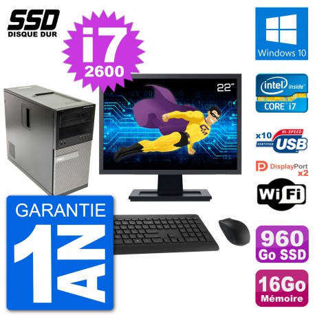 PC Tour Dell 7010 Ecran 22" Intel i7-2600 RAM 16Go SSD 960Go Windows 10 Wifi