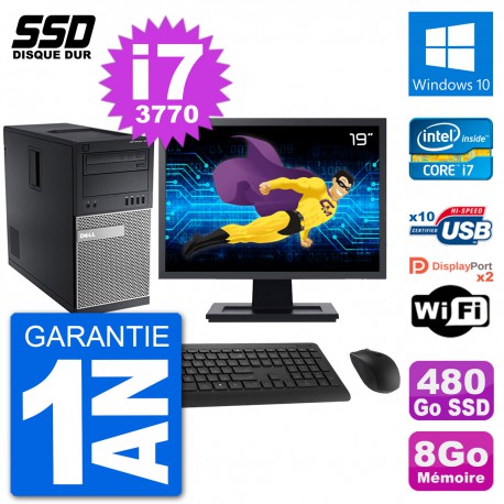PC Tour Dell 7010 Ecran 19" Intel Core i7-3770 RAM 8Go SSD 480Go Windows 10 Wifi