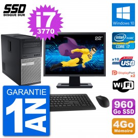 PC Tour Dell 7010 Ecran 22" Intel Core i7-3770 RAM 4Go SSD 960Go Windows 10 Wifi