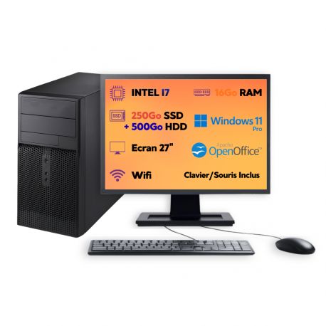 PC Tour Intel i7 16Go 250Go SSD + 500Go HDD W11 Pro Wi-Fi Écran 27’’ Open Office