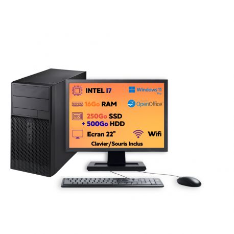 PC Tour Intel i7 16Go 250Go SSD + 500Go HDD W11 Pro Wi-Fi Écran 22’’ Office 2021