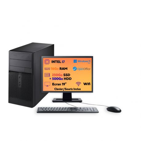 PC Tour Intel i7 16Go 250Go SSD + 500Go HDD W11 Pro Wi-Fi Écran 19’’ Open Office