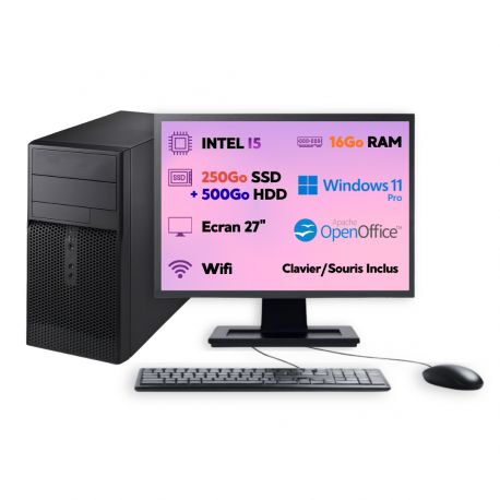 PC Tour Intel i5 16Go 250Go SSD + 500Go HDD W11 Pro Wi-Fi Écran 27’' Open Office