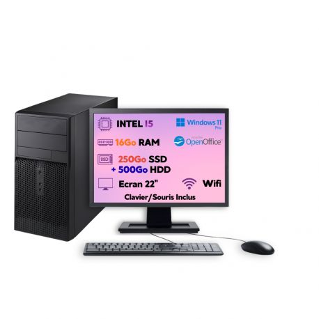 PC Tour Intel i5 16Go 250Go SSD + 500Go HDD W11 Pro Wi-Fi Écran 22’’ Open Office