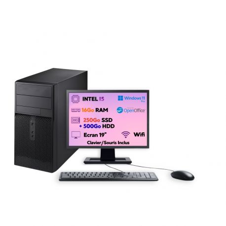 PC Tour Intel i5 16Go 250Go SSD + 500Go HDD W11 Pro Wi-Fi Écran 19’’ Open Office