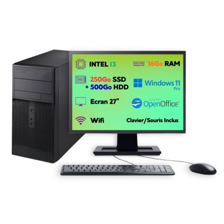 PC Tour Intel i3 16Go 250Go SSD + 500Go HDD W11 Pro Wi-Fi Écran 27’’ Open Office