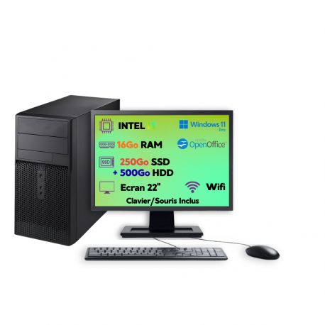 PC Tour Intel i3 16Go 250Go SSD + 500Go HDD W11 Pro Wi-Fi Écran 22’’ Open Office