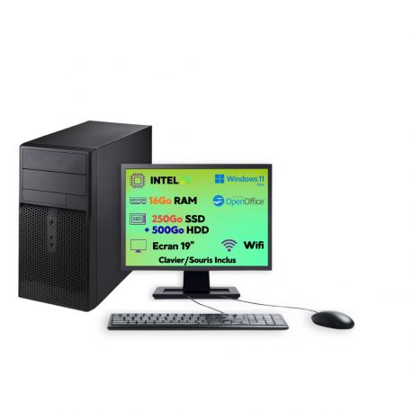 PC Tour Intel i3 16Go 250Go SSD + 500Go HDD W11 Pro Wi-Fi Écran 19’’ Open Office