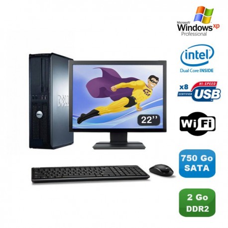 Lot PC DELL Optiplex 360 DT Intel E5200 2.5GHz 2Go DDR2 WIFI 750Go XP Pro + 22"