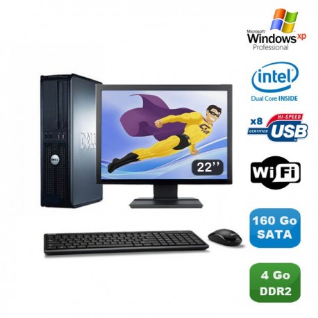 Lot PC DELL Optiplex 360 DT Intel E5200 2.5GHz 4Go DDR2 WIFI 160Go XP Pro + 22"