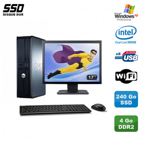 Lot PC DELL Optiplex 360 DT Intel E5200 2.5GHz 4Go WIFI 240Go SSD XP Pro + 17"