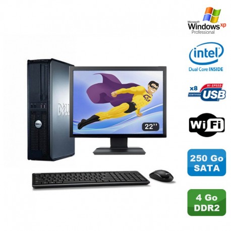 Lot PC DELL Optiplex 360 DT Intel E5200 2.5GHz 4Go DDR2 WIFI 250Go XP Pro + 22"