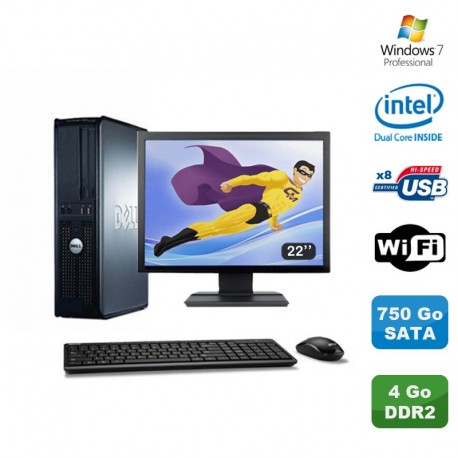 Lot PC DELL Optiplex 360 DT Intel E5200 2.5GHz 4Go DDR2 WIFI 750Go W7 Pro + 22"