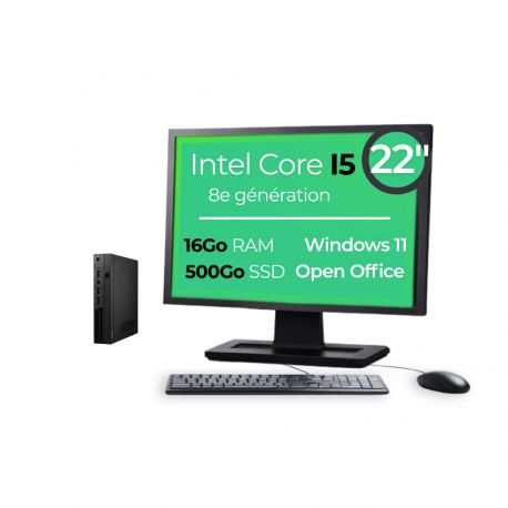 Mini PC I5-8500T 16Go 500Go SSD W11 Pro Wifi Écran 19" OpenOffice