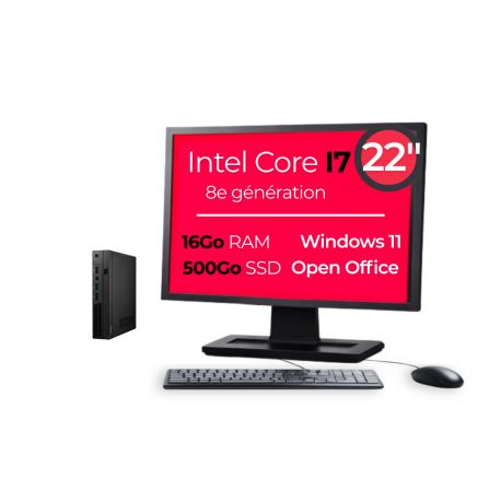 Mini PC I7-8700T 16Go 500Go SSD W11 Pro Wifi Écran 22" OpenOffice