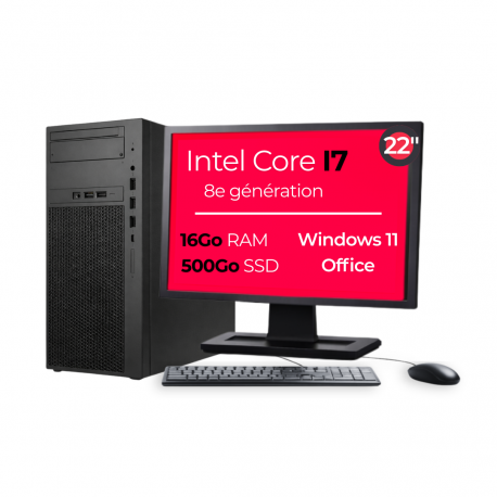 PC Tour I7-8700 16Go 500Go SSD W11 Pro Wifi Ecran 22" Open Office