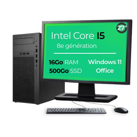 PC Tour I5-8500 16Go 500Go SSD W11 Pro Wifi Ecran 27" Open Office