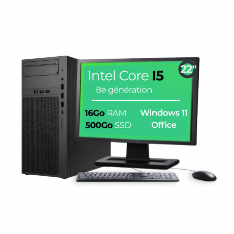 PC Tour I5-8500 16Go 500Go SSD W11 Pro Wifi Ecran 22" Open Office