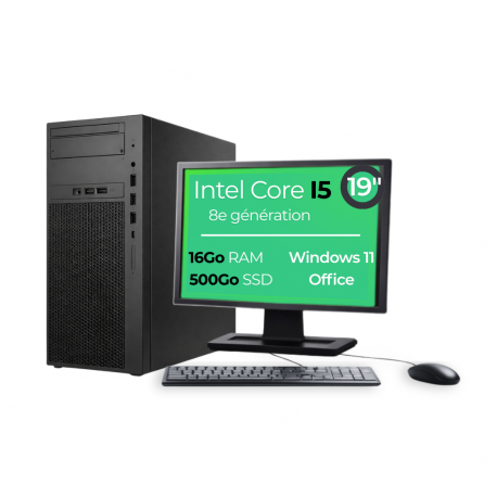 PC Tour I5-8500 16Go 500Go SSD W11 Pro Wifi Ecran 19" Open Office