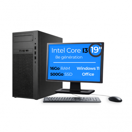 PC Tour I3-8100 16Go 500Go SSD W11 Pro Wifi Ecran 19" Open Office