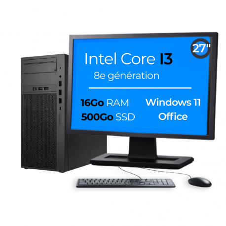 PC Tour I3-8100 16Go 500Go SSD W11 Pro Wifi Ecran 27" Open Office