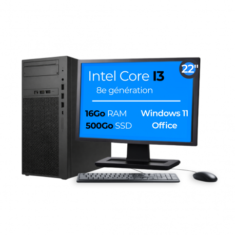 PC Tour I3-8100 16Go 500Go SSD W11 Pro Wifi Ecran 22" Open Office
