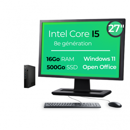 Mini PC I5-8500T 16Go 500Go SSD W11 Pro Wifi Écran 27" OpenOffice