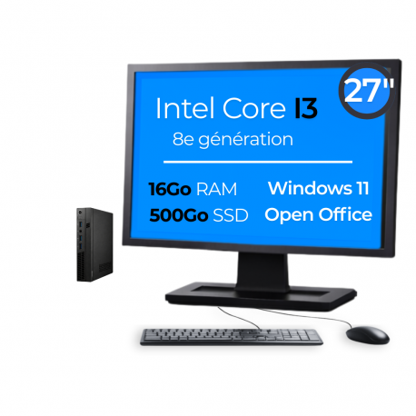 Mini PC I3-8100T 16Go 500Go SSD W11 Pro Wifi Écran 27" OpenOffice