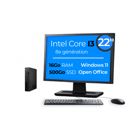 Mini PC I3-8100T 16Go 500Go SSD W11 Pro Wifi Écran 22" OpenOffice
