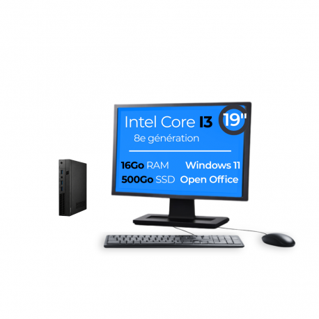 Mini PC I3-8100T 16Go 500Go SSD W11 Pro Wifi Écran 19" OpenOffice