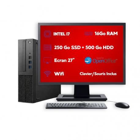 PC SFF Intel i7 16Go 250Go SSD + 500Go HDD W11 Pro Wi-Fi Écran 27’’ Open Office