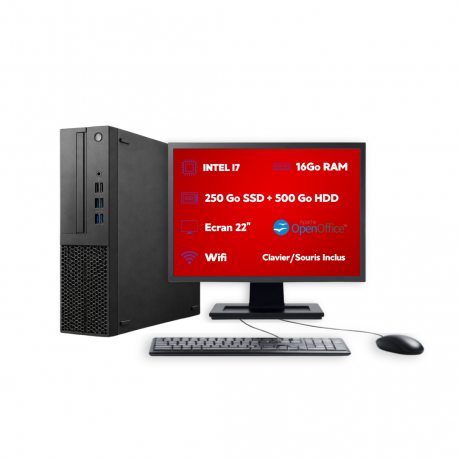 PC SFF Intel i7 16Go 250Go SSD + 500Go HDD W11 Pro Wi-Fi Écran 22’’ Open Office
