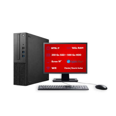 PC SFF Intel i7 16Go 250Go SSD + 500Go HDD W11 Pro Wi-Fi Écran 19’’ Open Office