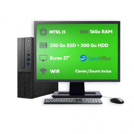 PC SFF Intel i5 16Go 250Go SSD + 500Go HDD W11 Pro Wi-Fi Écran 27’’ Open Office