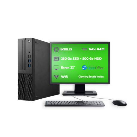 PC SFF Intel i5 16Go 250Go SSD + 500Go HDD W11 Pro Wi-Fi Écran 22’’ Open Office