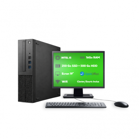 PC SFF Intel i5 16Go 250Go SSD + 500Go HDD W11 Pro Wi-Fi Écran 19’’ Open Office