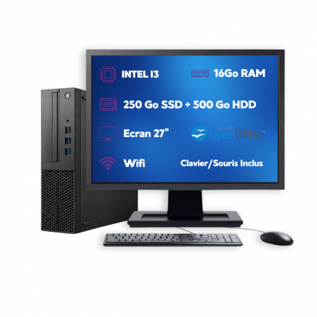 PC SFF Intel i3 16Go 250Go SSD + 500Go HDD W11 Pro Wi-Fi Écran 27’’ Open Office