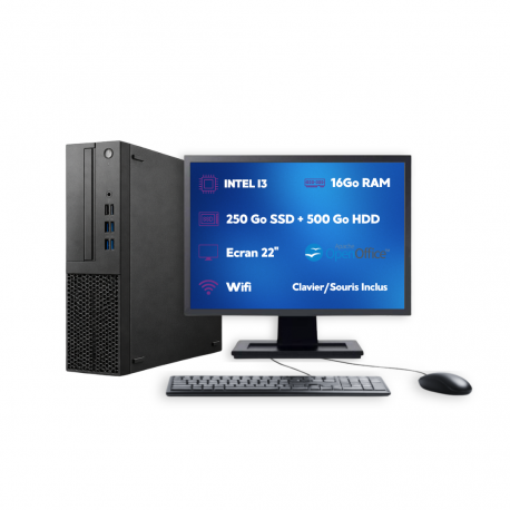 PC SFF Intel i3 16Go 250Go SSD + 500Go HDD W11 Pro Wi-Fi Écran 22’’ Open Office