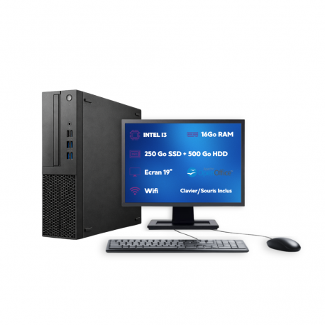 PC SFF Intel i3 16Go 250Go SSD + 500Go HDD W11 Pro Wi-Fi Écran 19’’ Open Office