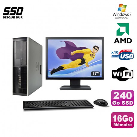 Lot PC HP Compaq 6005 Pro SFF AMD 3GHz 16Go 240Go SSD Graveur WIFI W7 Pro + 17"