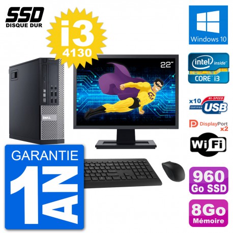PC Dell 9020 SFF Ecran 22" Intel Core i3-4130 RAM 8Go SSD 960Go Windows 10 Wifi
