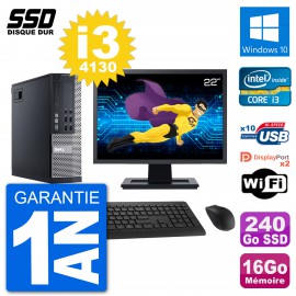 PC Dell 9020 SFF Ecran 22" Intel i3-4130 RAM 16Go SSD 240Go Windows 10 Wifi