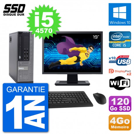 PC Dell 9020 SFF Ecran 19" Intel Core i5-4570 RAM 4Go SSD 120Go Windows 10 Wifi